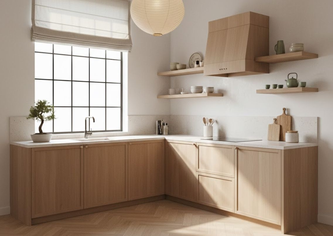 L shaped kitchen with wooden cabinets and shelves - Beautiful Homes