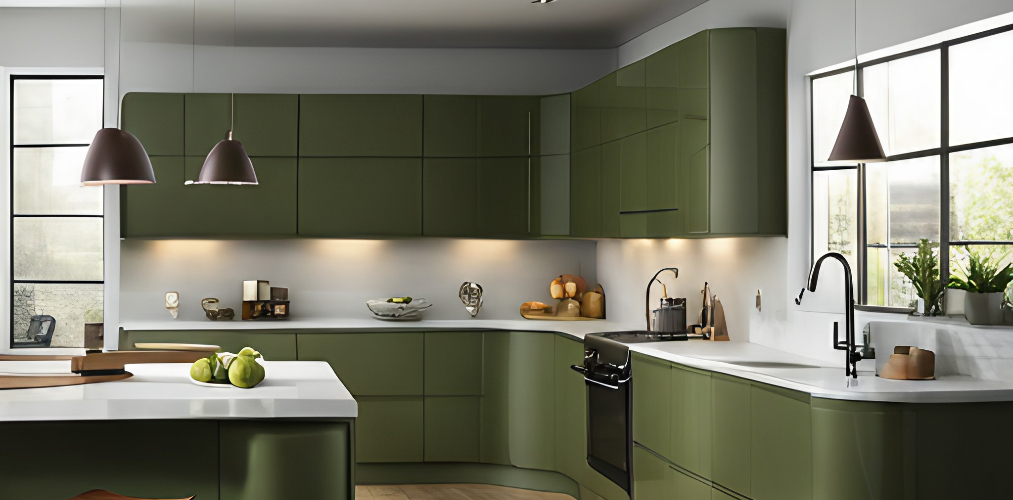 Modular kitchen cabinet design in green color-Beautiful Homes