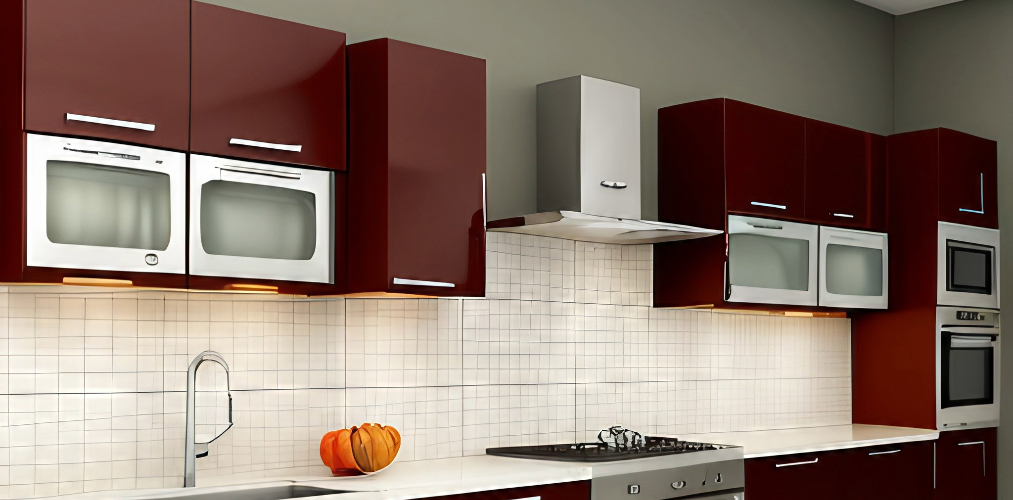 Red kitchen cabinets for straight kitchen design-Beautiful Homes