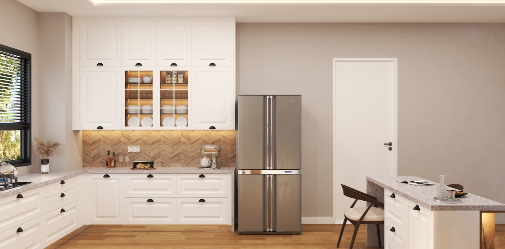 Kitchen cabinet with white PU shutters and wooden finish backsplash tiles-Beautiful Homes