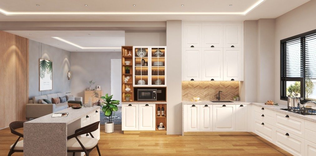 Kitchen cabinet with white PU shutters and wooden flooring-Beautiful Homes