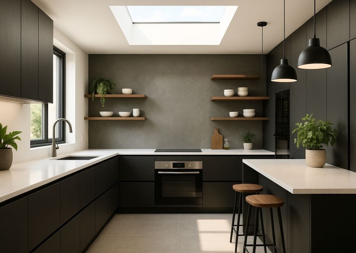 Modern kitchen with black cabinets and skylight - Beautiful Homes