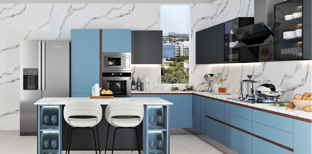Kitchen design with blue cabinets and white marble wall tiles-Beautiful Homes