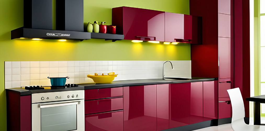Kitchen design with red colored kitchen cabinets-Beautiful Homes