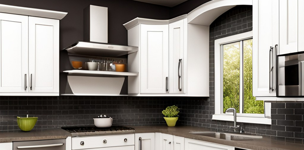Kitchen with granite and white corner cabinets-Beautiful Homes