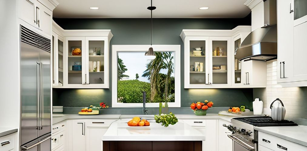 White kitchen with window and glass kitchen cabinets-Beautiful Homes