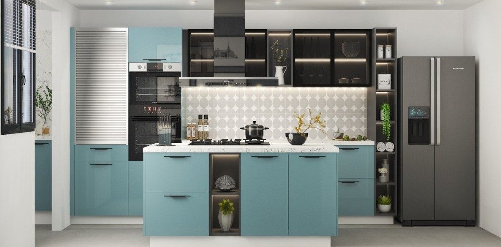 Kitchen with a mix of blue cabinets and black glass cabinets with rolling shutter-Beautiful Homes