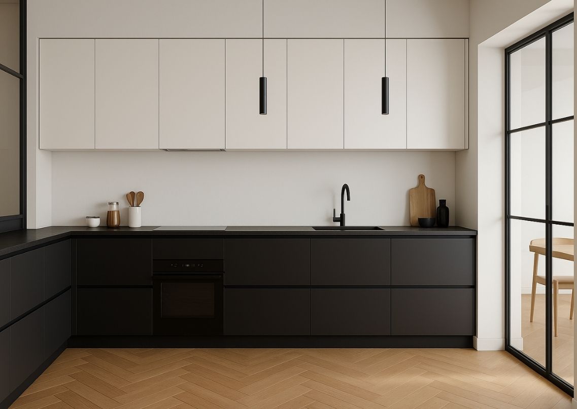 Modern kitchen with black and white cabinets - Beautiful Homes