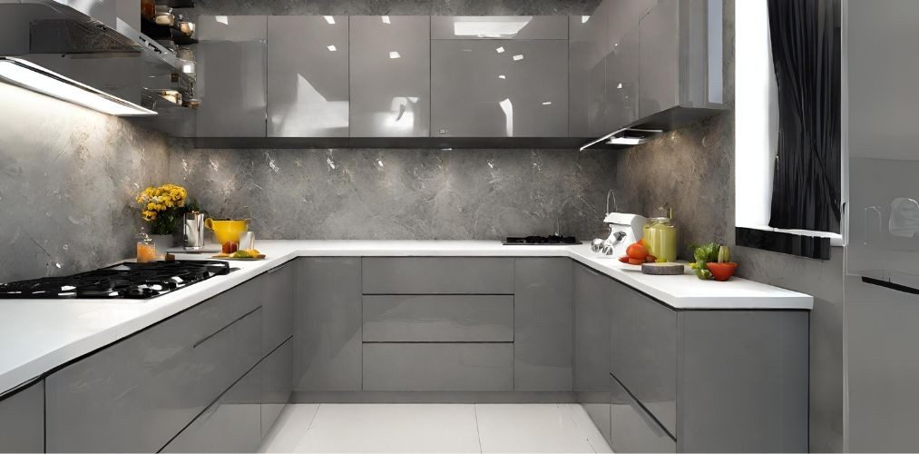 Kitchen with glossy grey acrylic modular cabinets - Beautiful Homes