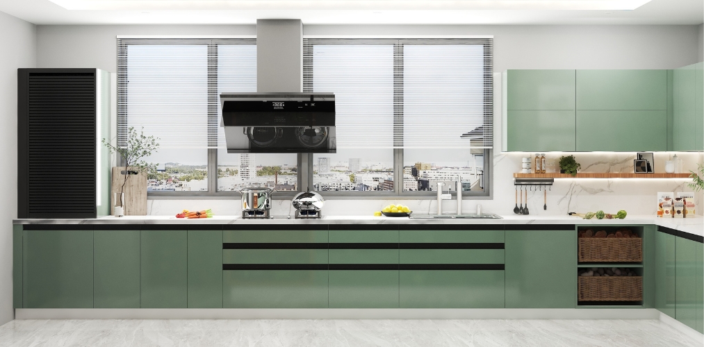 Kitchen with green modular cabinets and a large window-Beautiful Homes