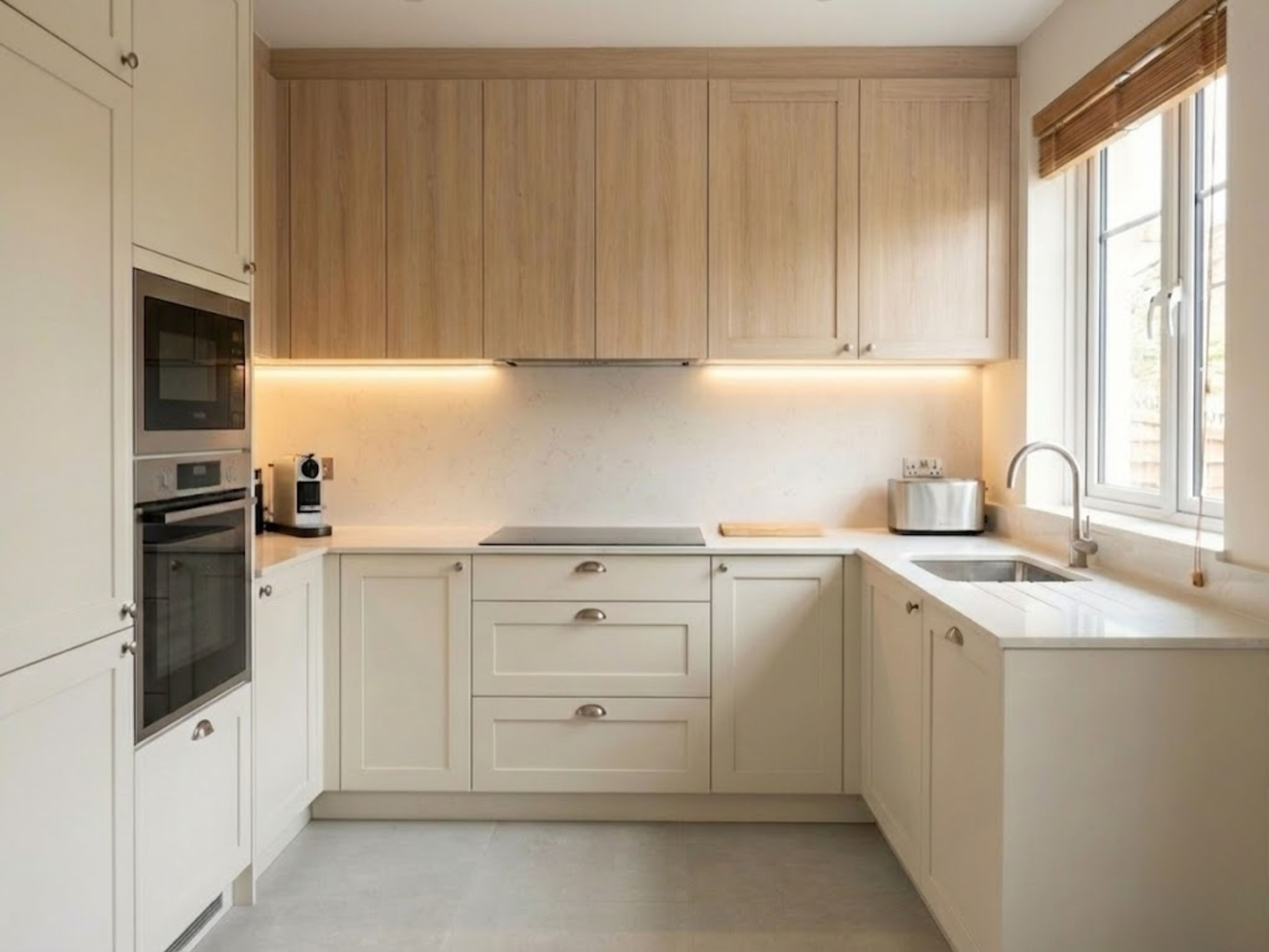 L-shaped kitchen with wooden cabinets and marble countertops - Beautiful Homes