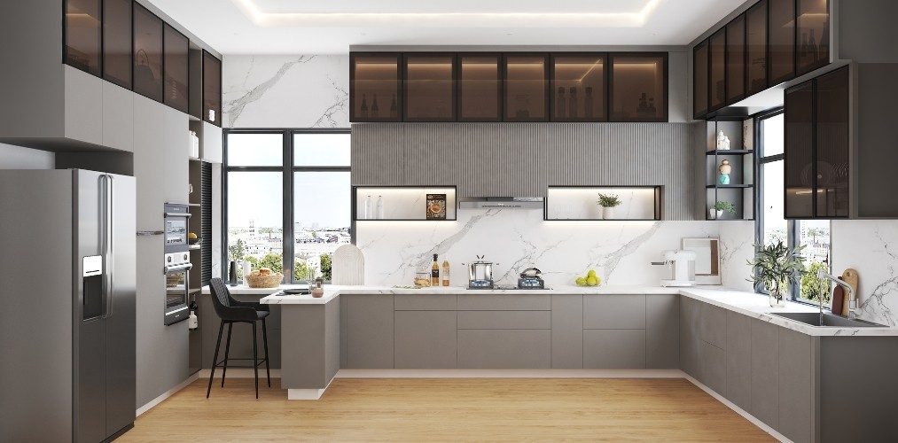 Kitchen with taupe coloured drawers and black glass cabinets-Beautiful Homes