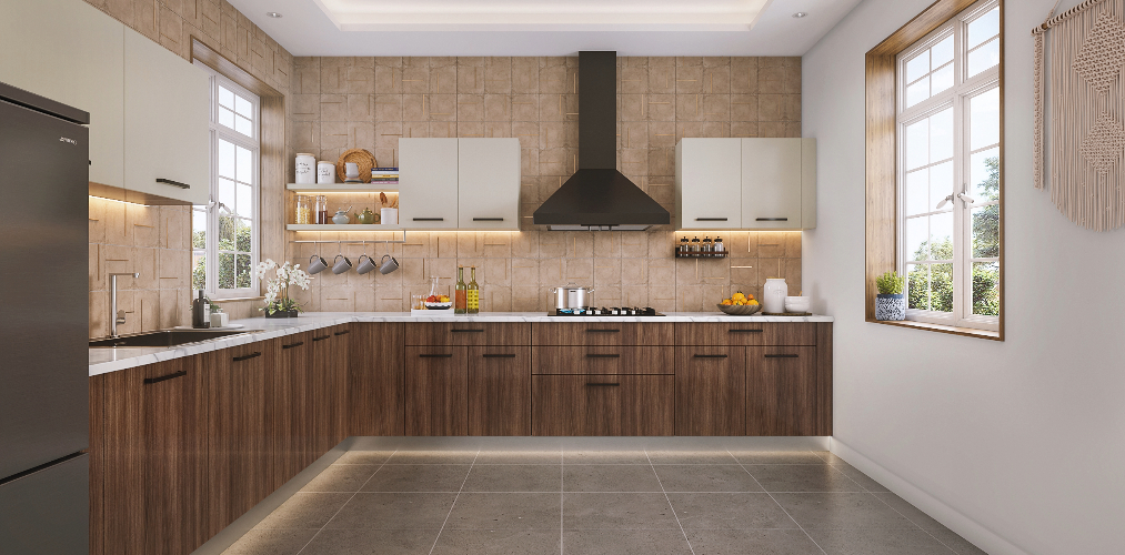 L-Shape Kitchen with Wooden Kitchen Cabinets and Kitchen Wall Tiles-Beautiful Homes