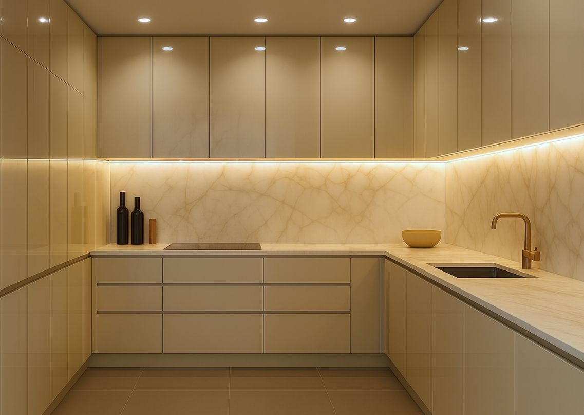 Beige kitchen with marble and golden faucet - Beautiful Homes