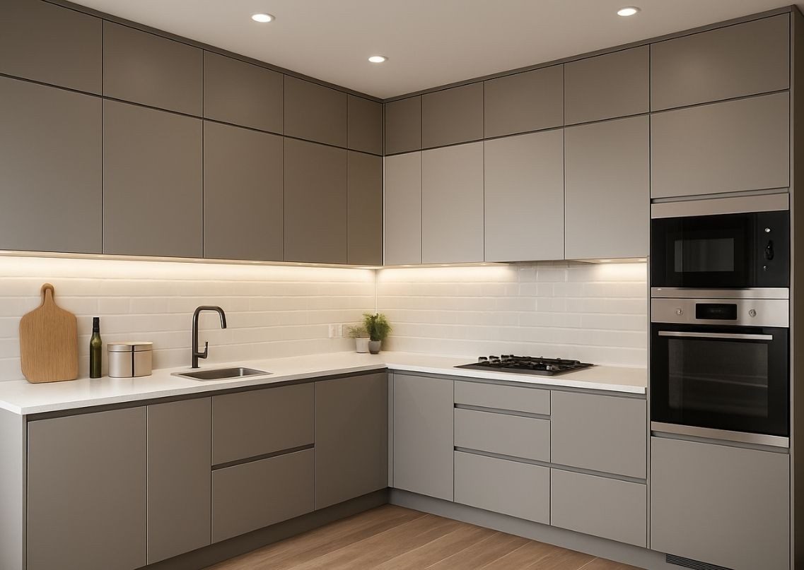 Modern kitchen with beige cabinets and wooden storage - Beautiful Homes