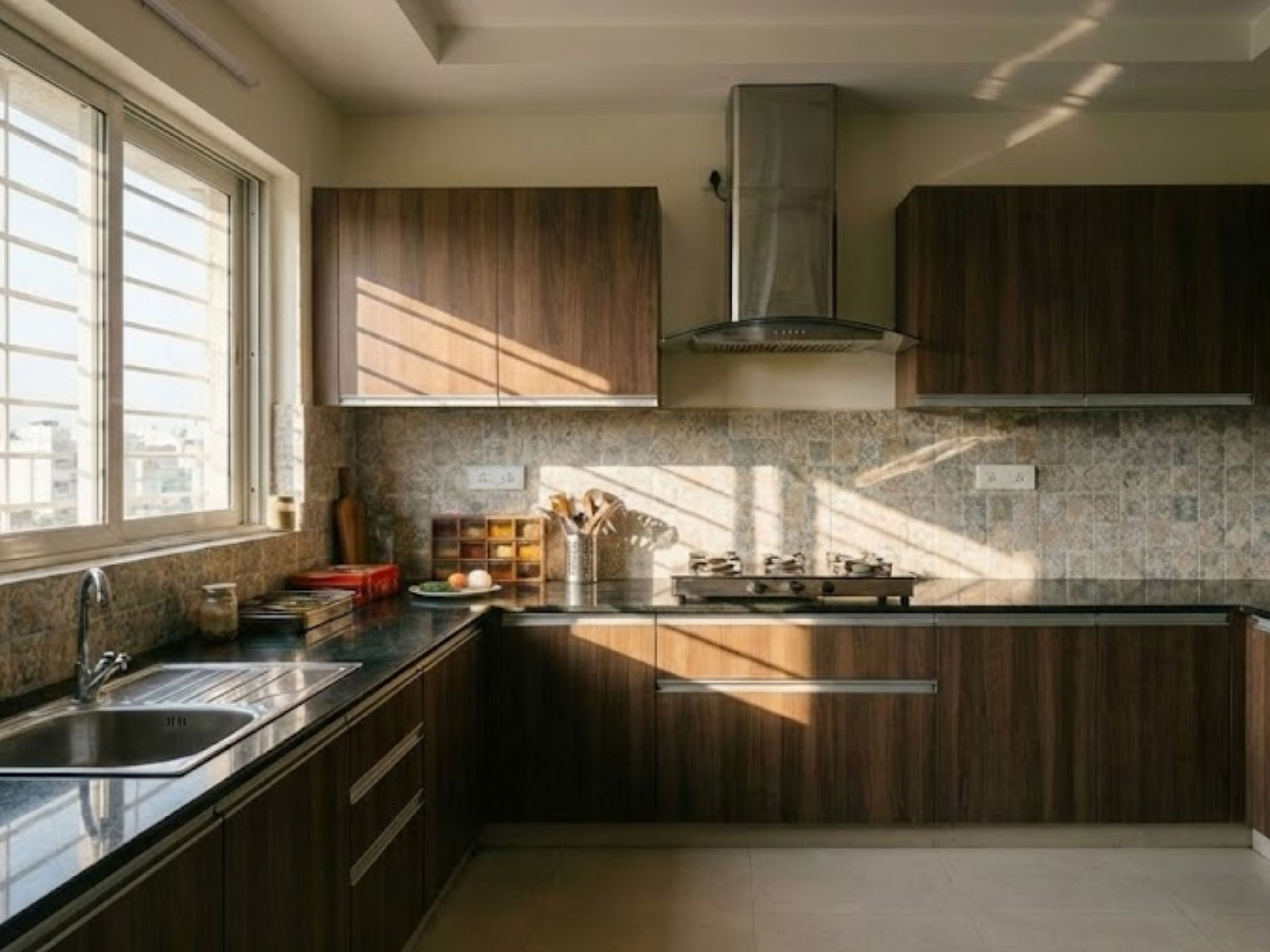 Modern L-shaped kitchen with white cabinets and marble. - Beautiful Homes