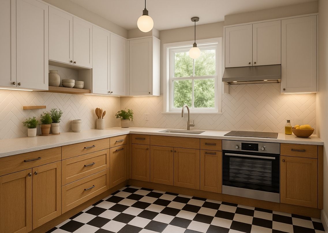Modern kitchen with checkered floor and sleek cabinets - Beautiful Homes
