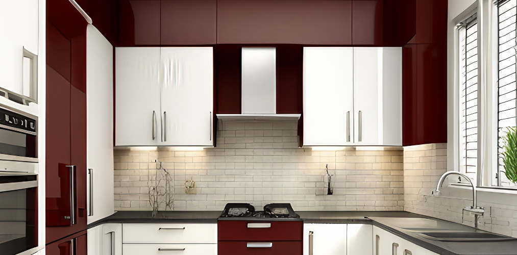 White and maroon L shaped modular kitchen-Beautiful Homes