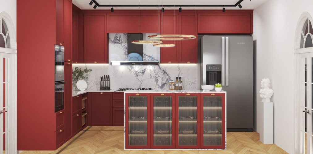 L shaped kitchen design with red cabinets and white marble backsplash-Beautiful Homes