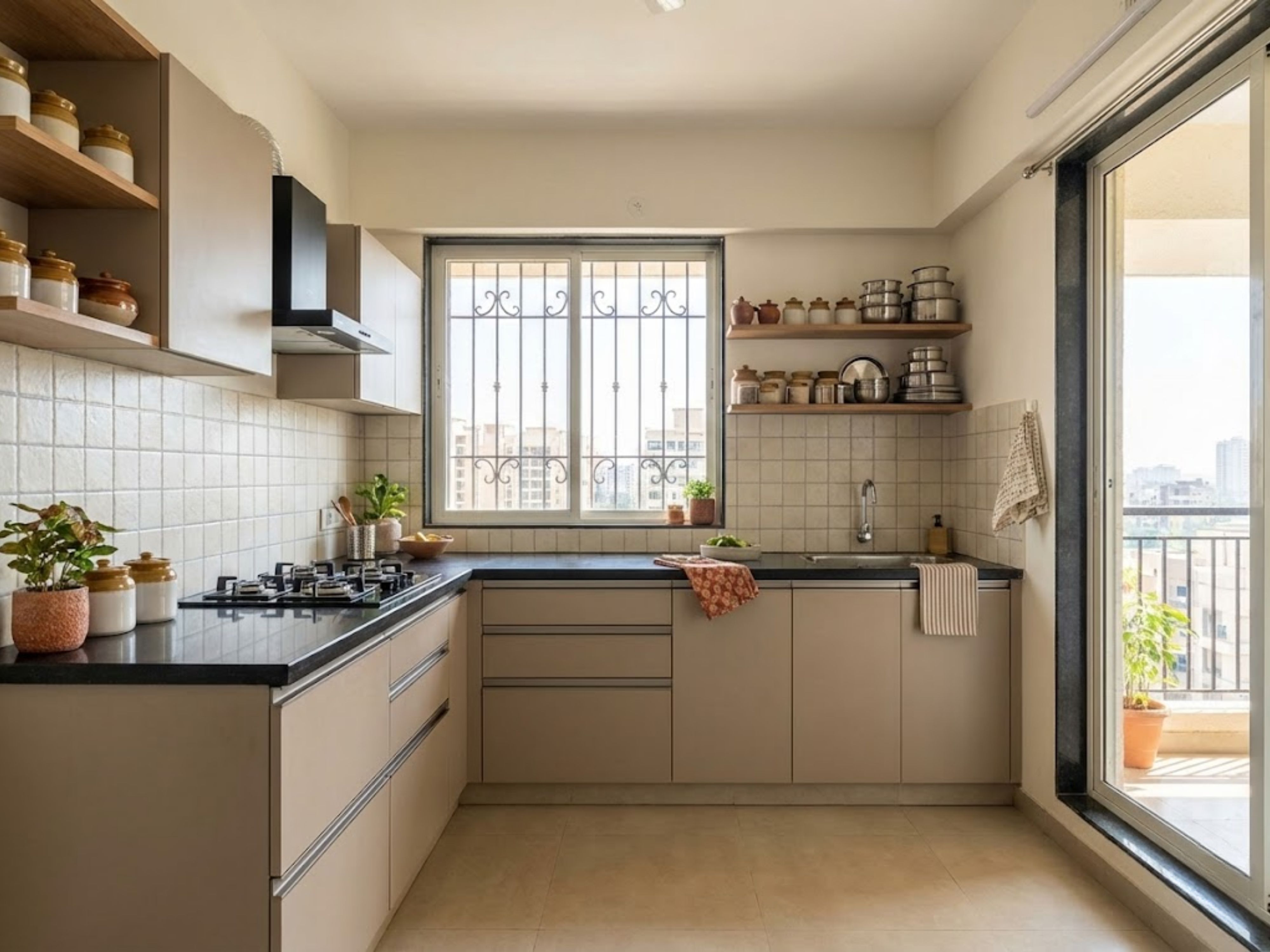 Bright kitchen with beige cabinets and black countertops - Beautiful Homes