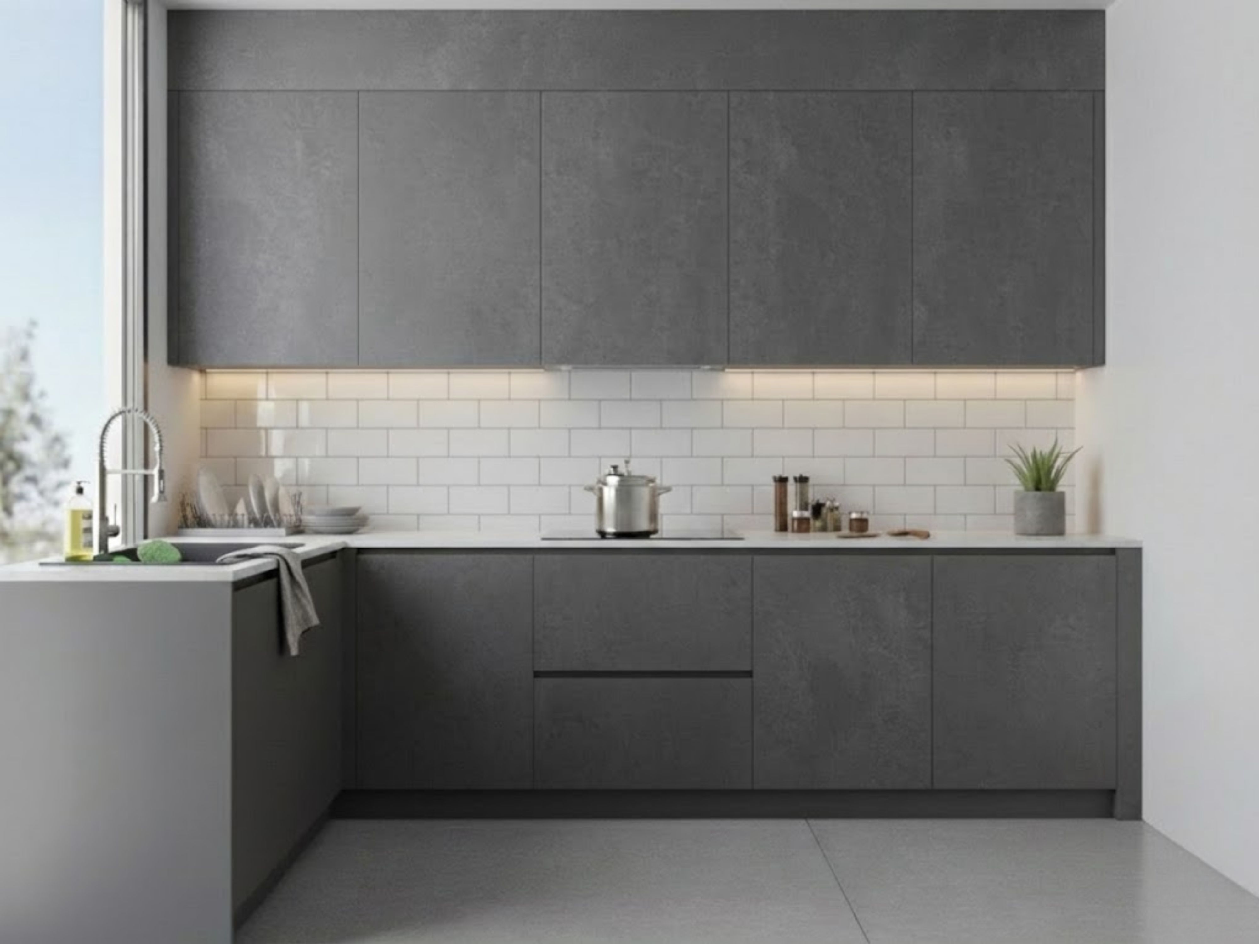 Grey modular kitchen with marble countertop and window - Beautiful Homes