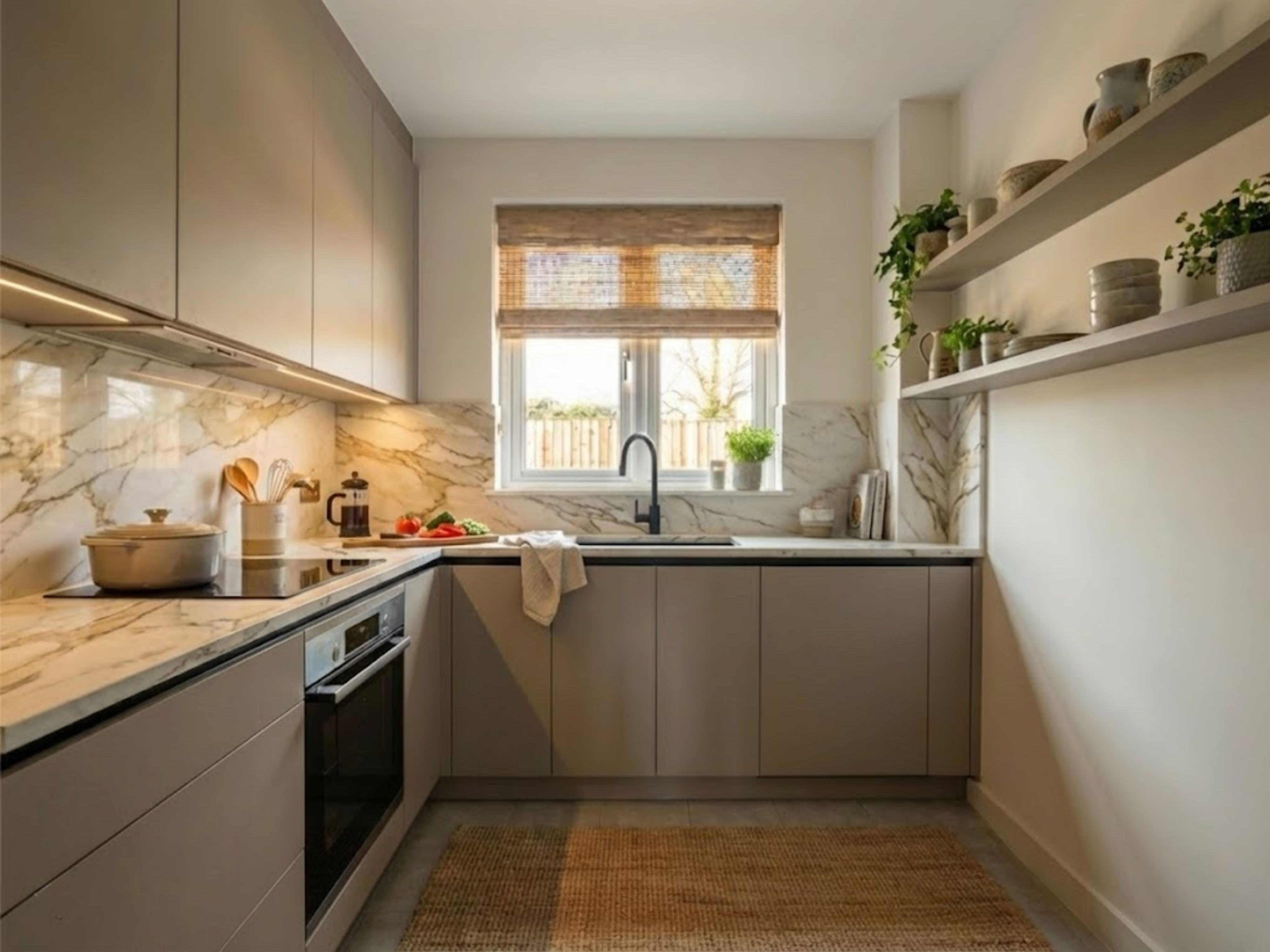 Bright kitchen with grey cabinets and marble countertops - Beautiful Homes