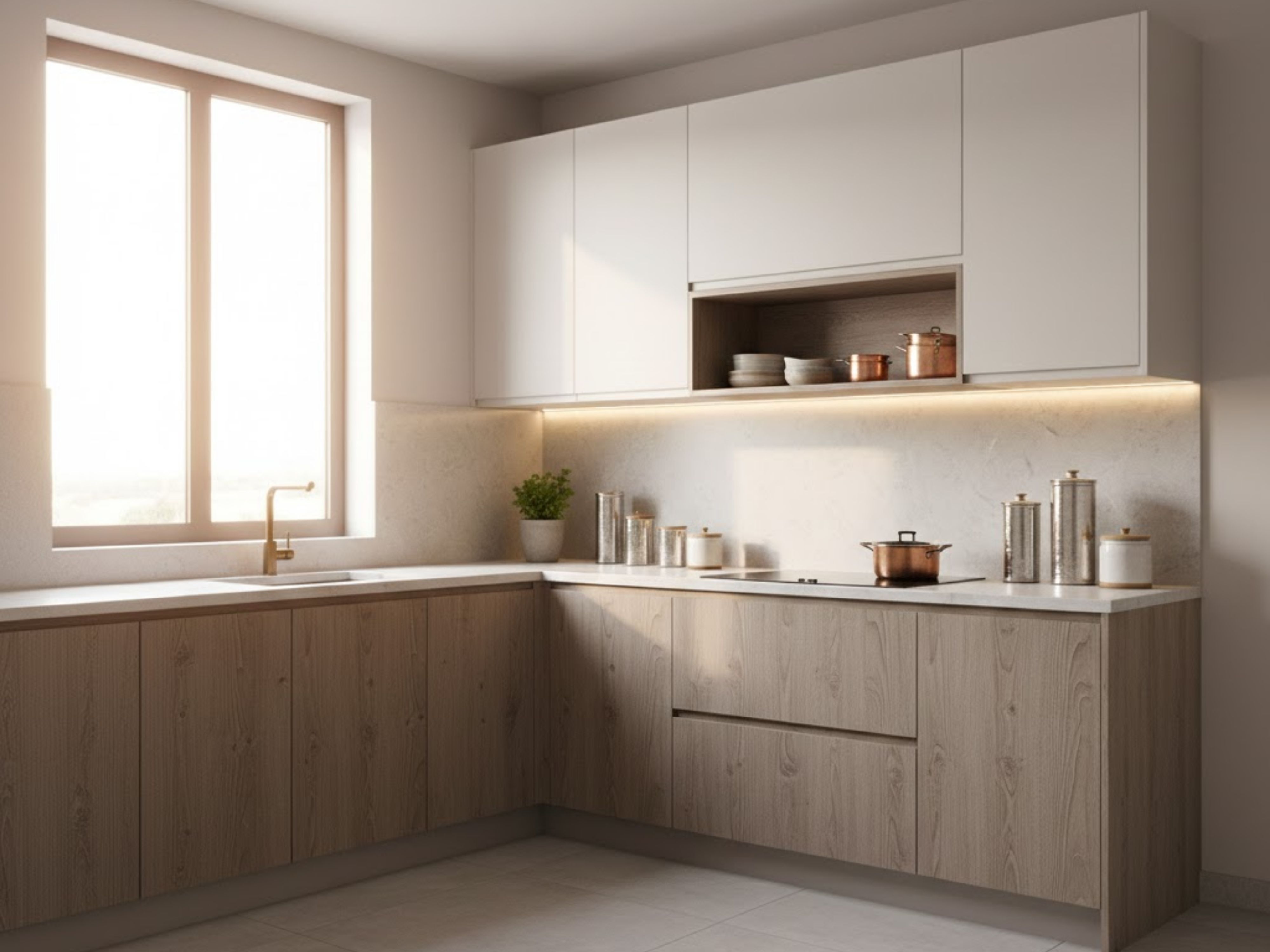 Modern kitchen with white marble and wood cabinets - Beautiful Homes