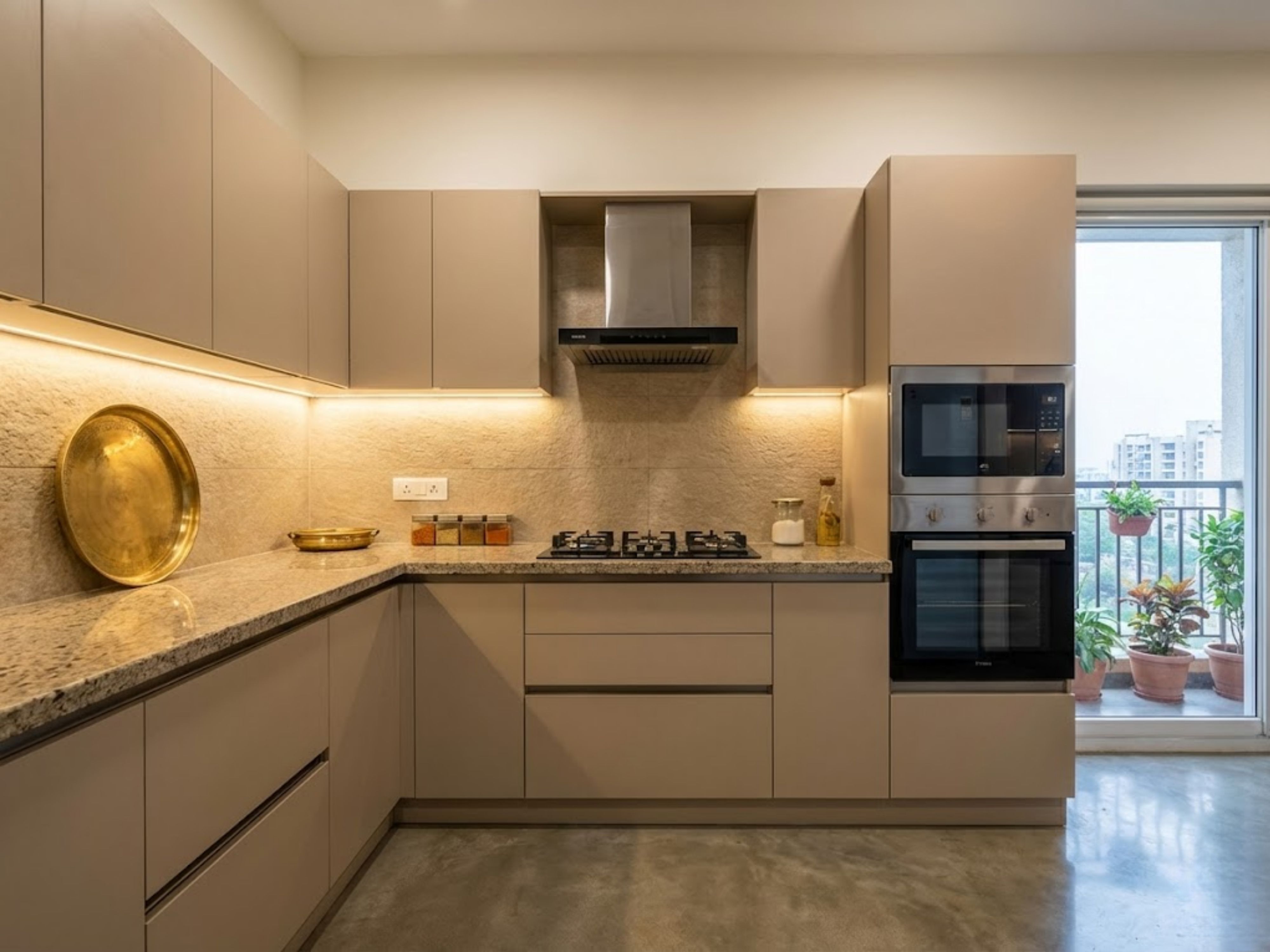 Modern beige kitchen with granite countertops and window - Beautiful Homes