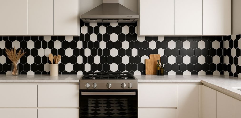 Modern kitchen with hexagon tile backsplash design - Beautiful Homes