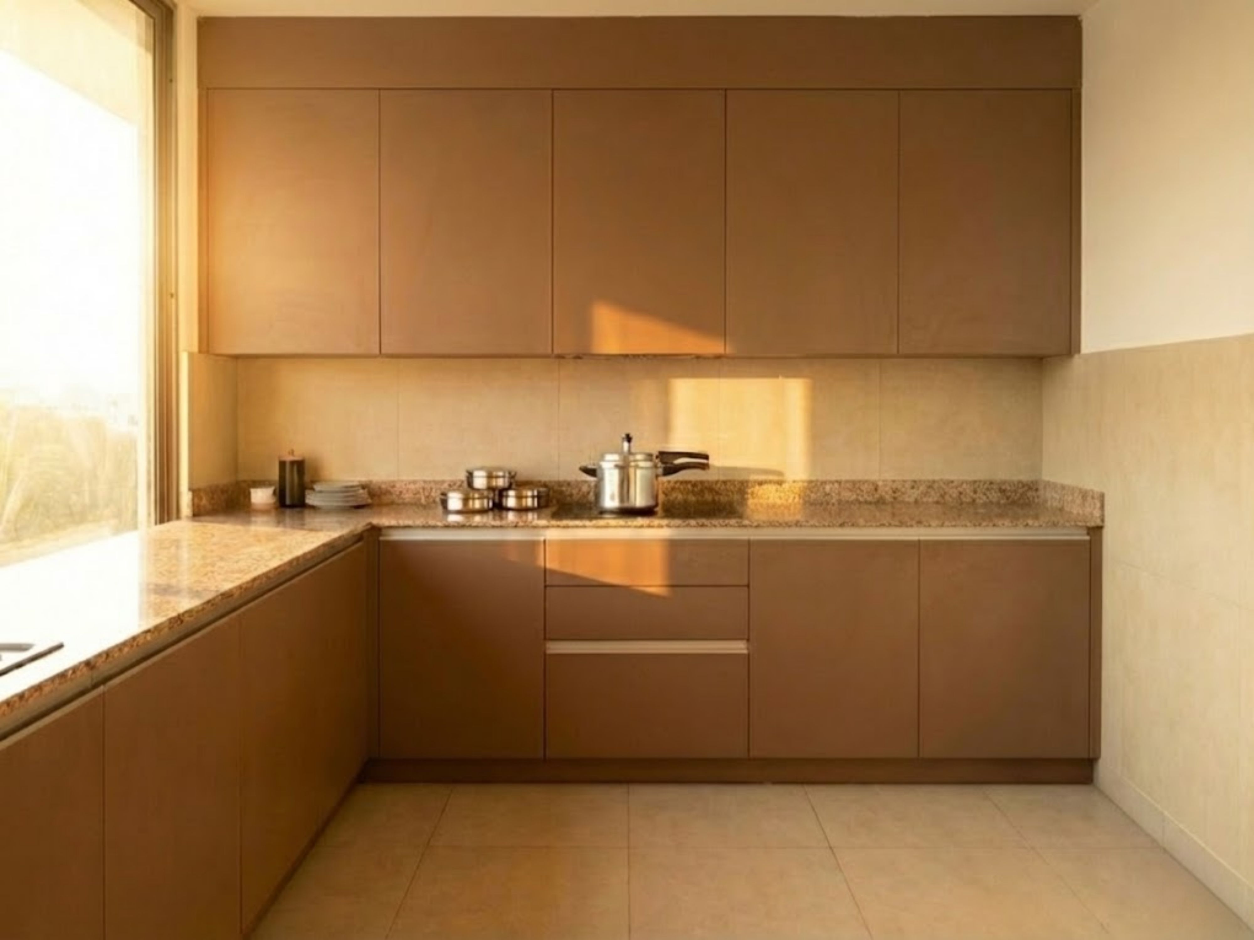 Beige kitchen with L shaped layout and natural light - Beautiful Homes
