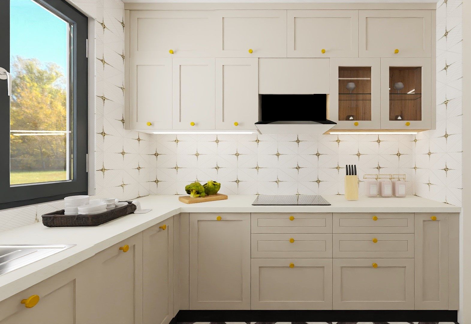 Kitchen featuring starburst-patterned backsplash, yellow knobs, and a large window - Beautiful Homes