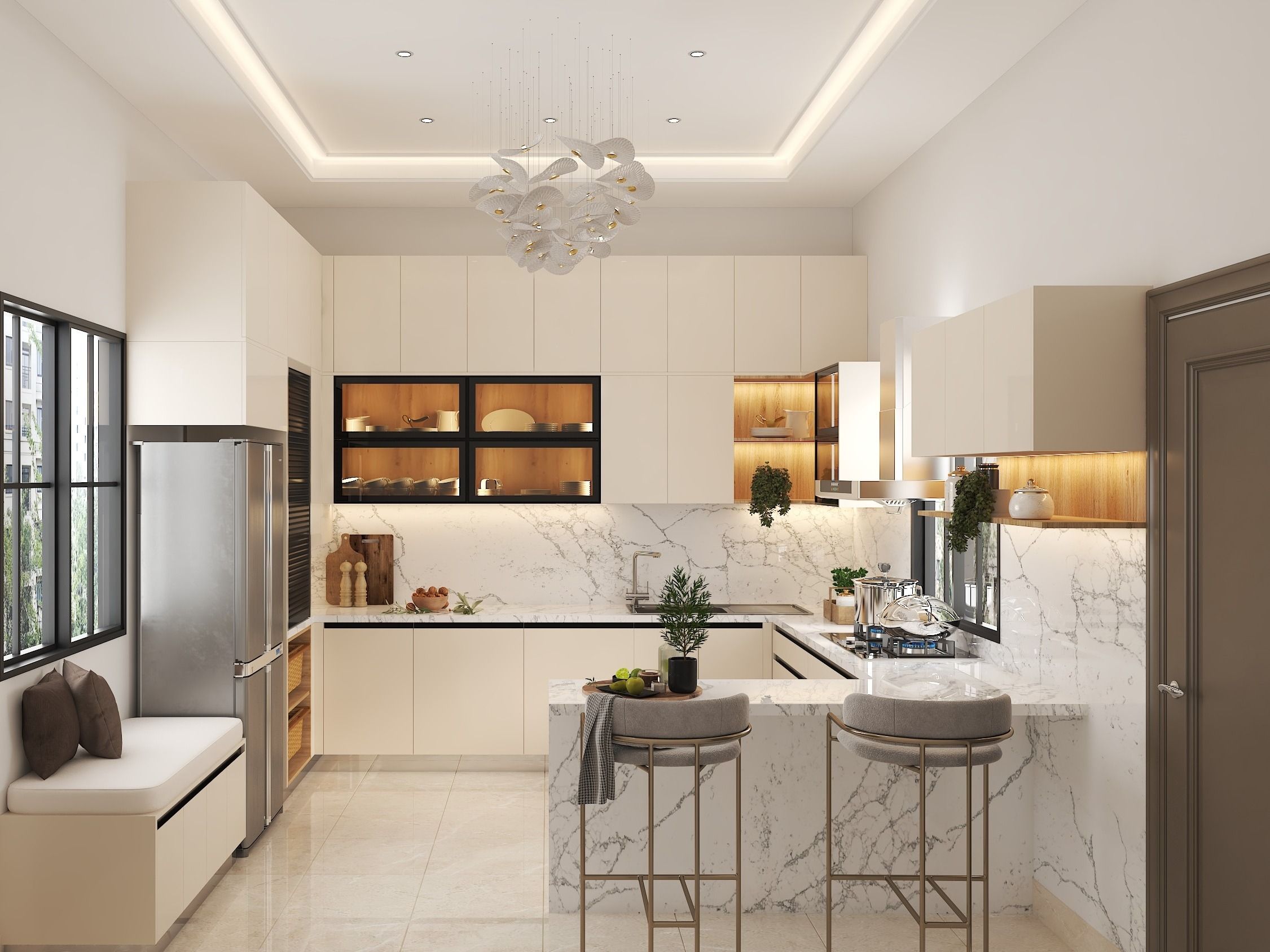 Kitchen featuring white marble countertops, open shelving, and a stylish island with bar stools - Beautiful Homes
