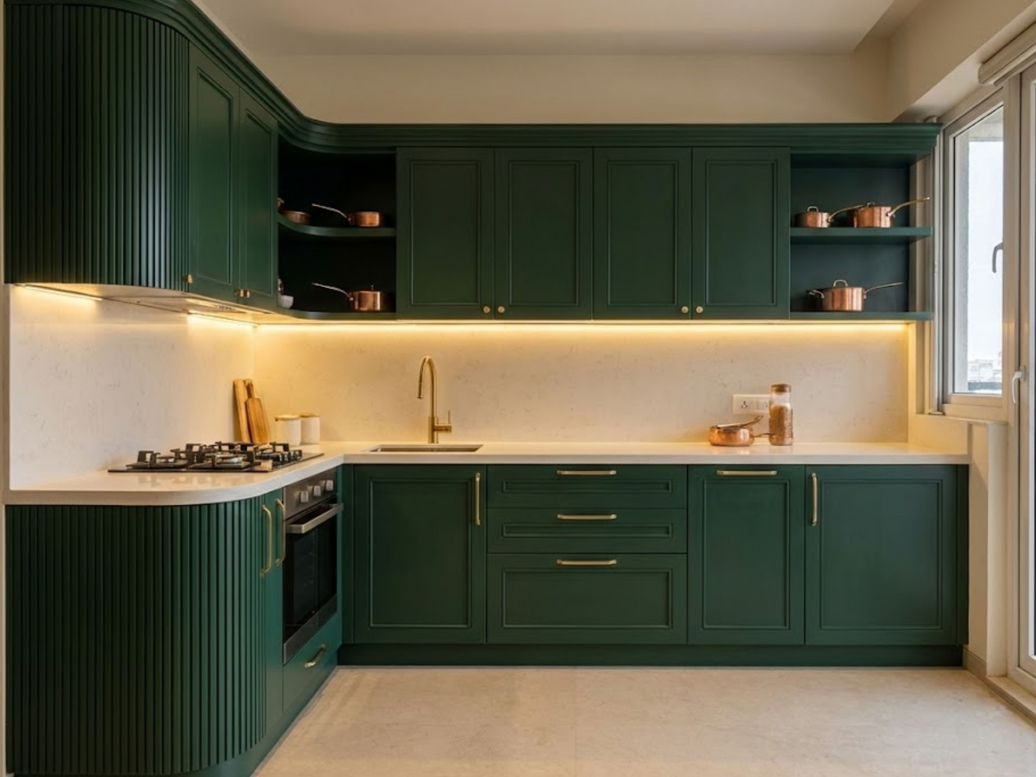 Green kitchen with marble countertop and gold accents - Beautiful Homes