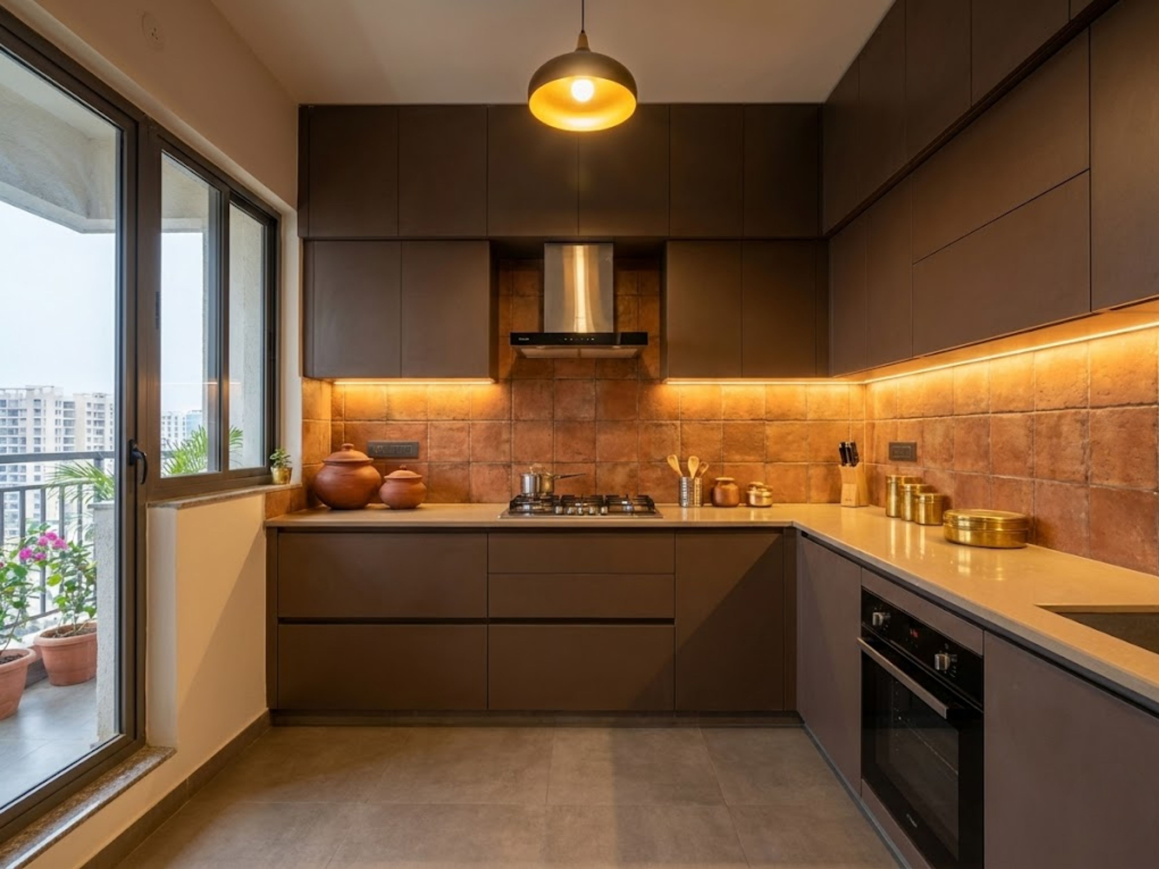 Modern L-shaped kitchen with brown cabinets and window - Beautiful Homes