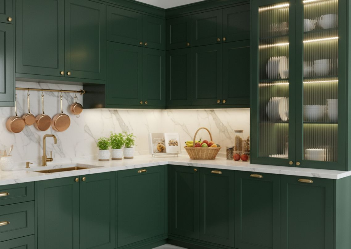Luxurious green kitchen with marble countertop and lighting - Beautiful Homes