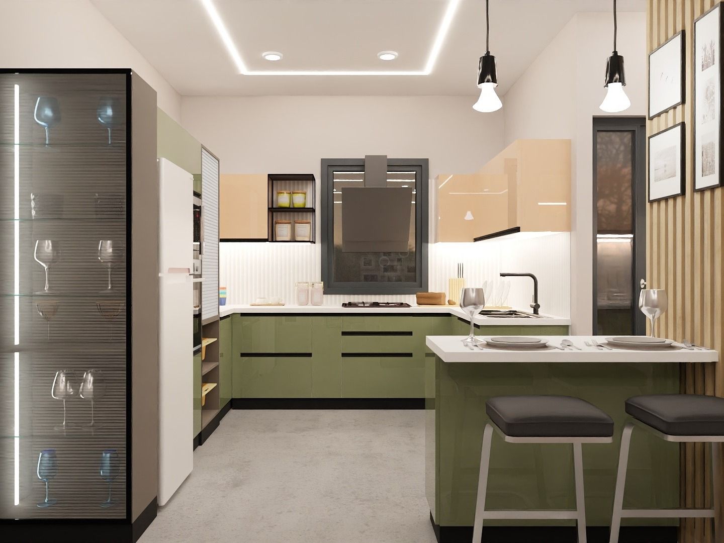 L-shaped kitchen featuring light green cabinets, a breakfast bar, and wood-slat wall accents - Beautiful Homes