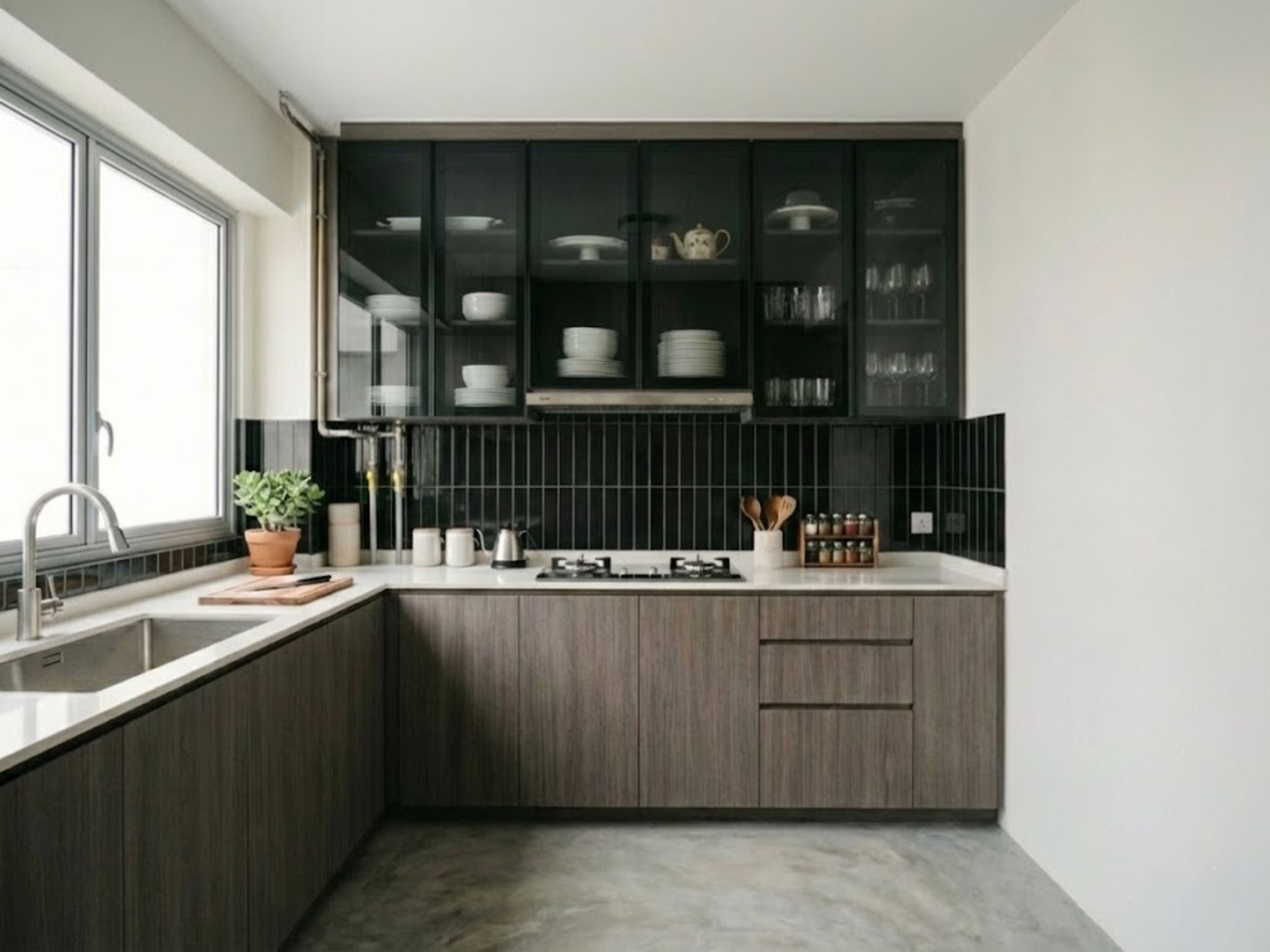 Modern kitchen with black cabinets and marble countertops - Beautiful Homes