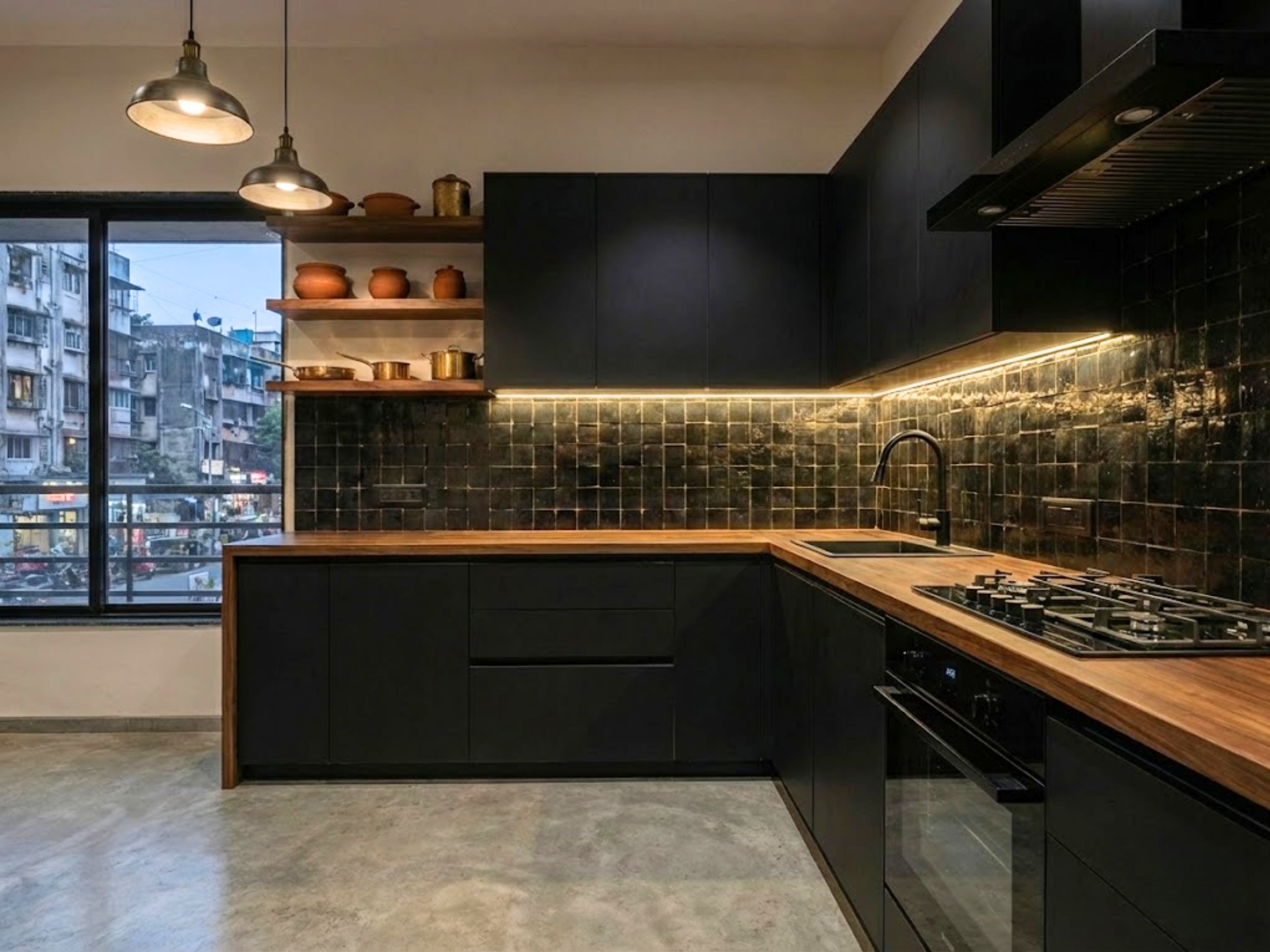 Modern black kitchen with wooden counters and shelves - Beautiful Homes