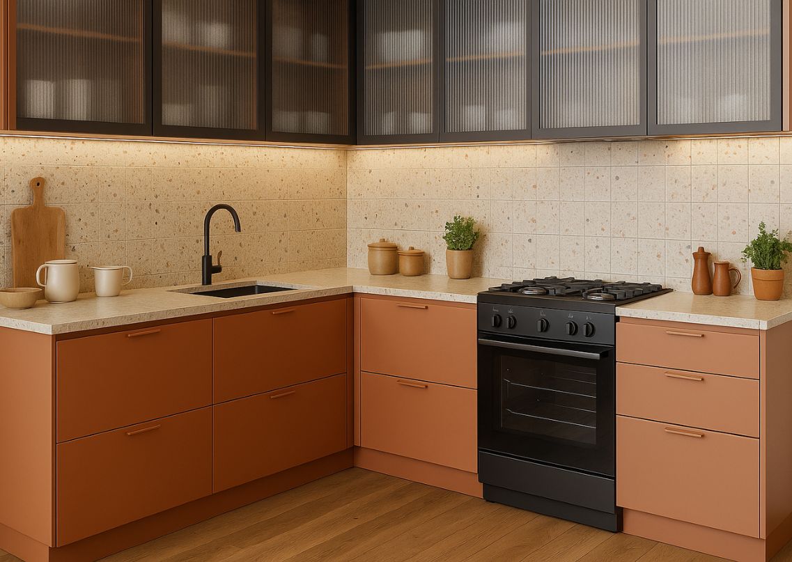 L shaped kitchen with terracotta cabinets and black stove - Beautiful Homes