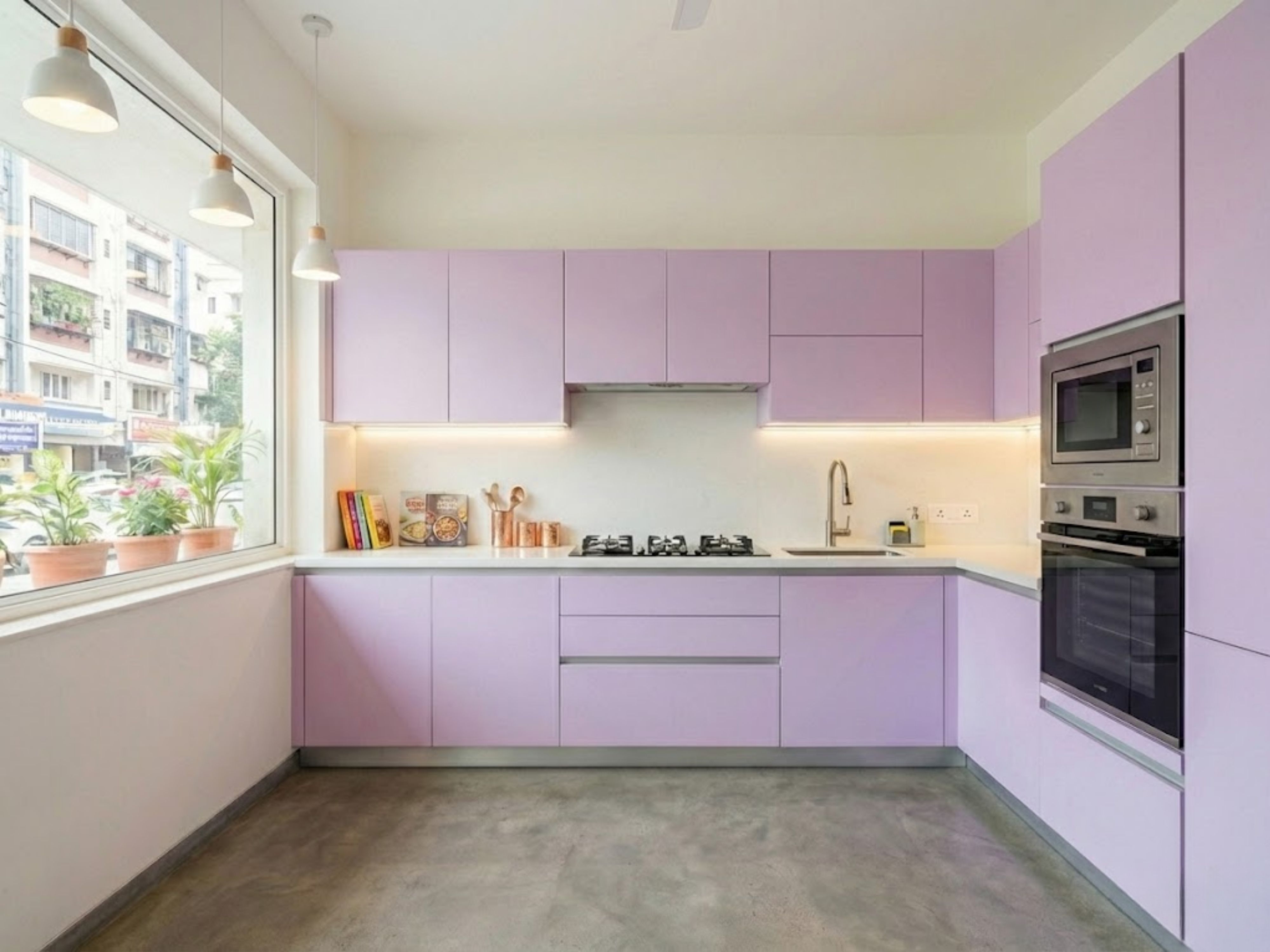 Modern pastel kitchen with lavender cabinets and window - Beautiful Homes