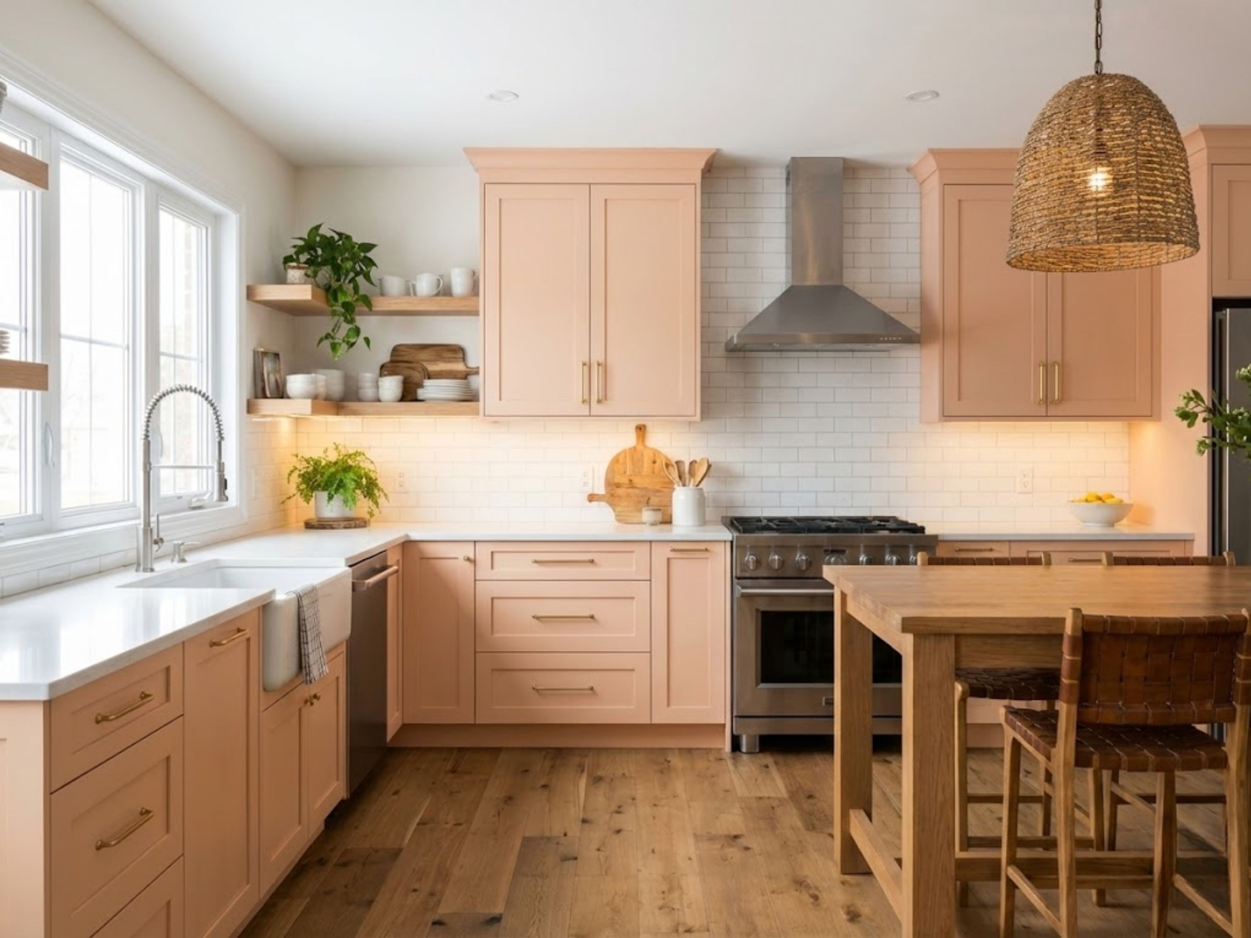 Pastel kitchen with wooden floor and open shelves - Beautiful Homes