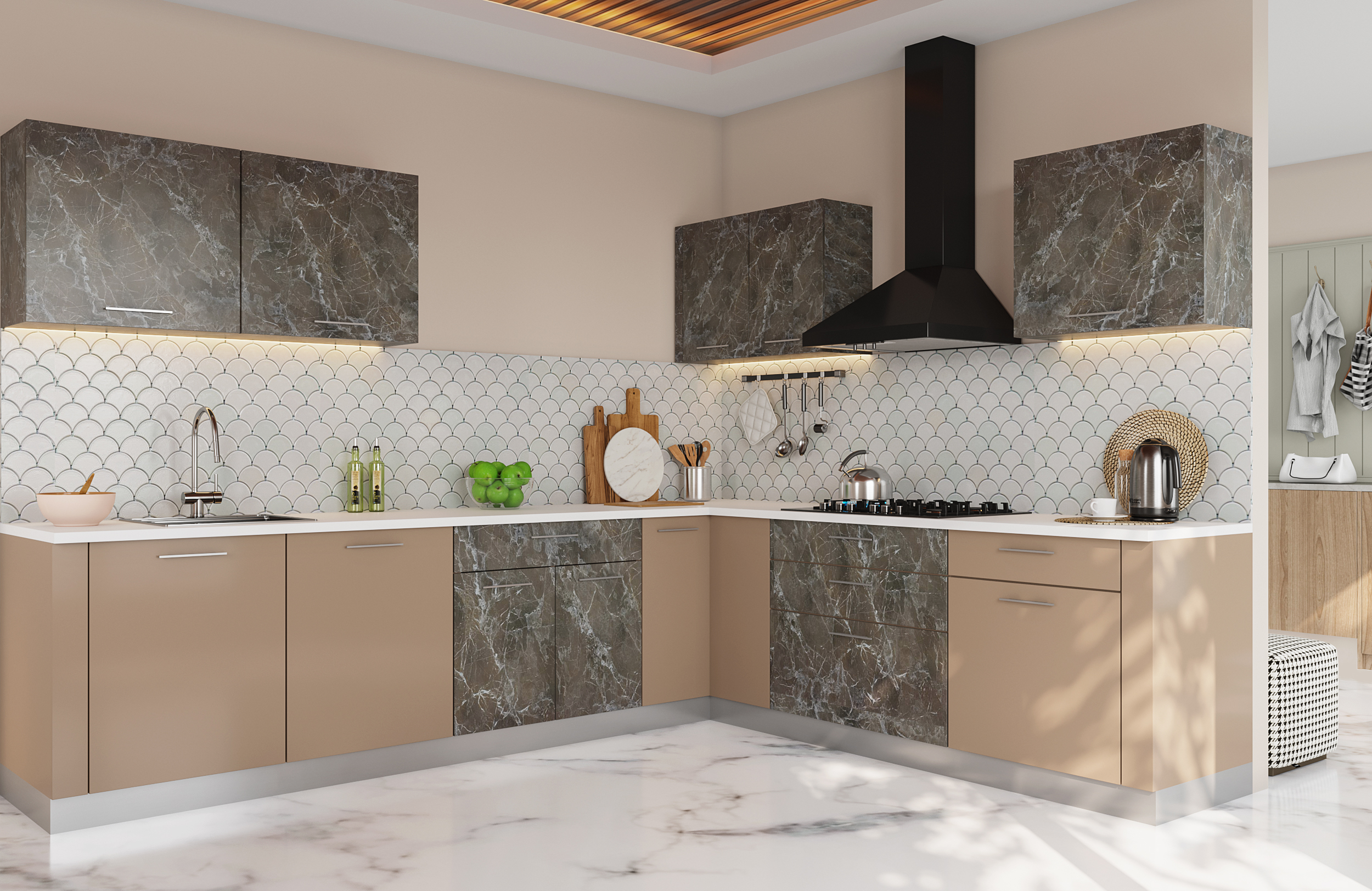 L shaped kitchen with patterened backsplash & granite kitchen cabinets-Beautiful Homes