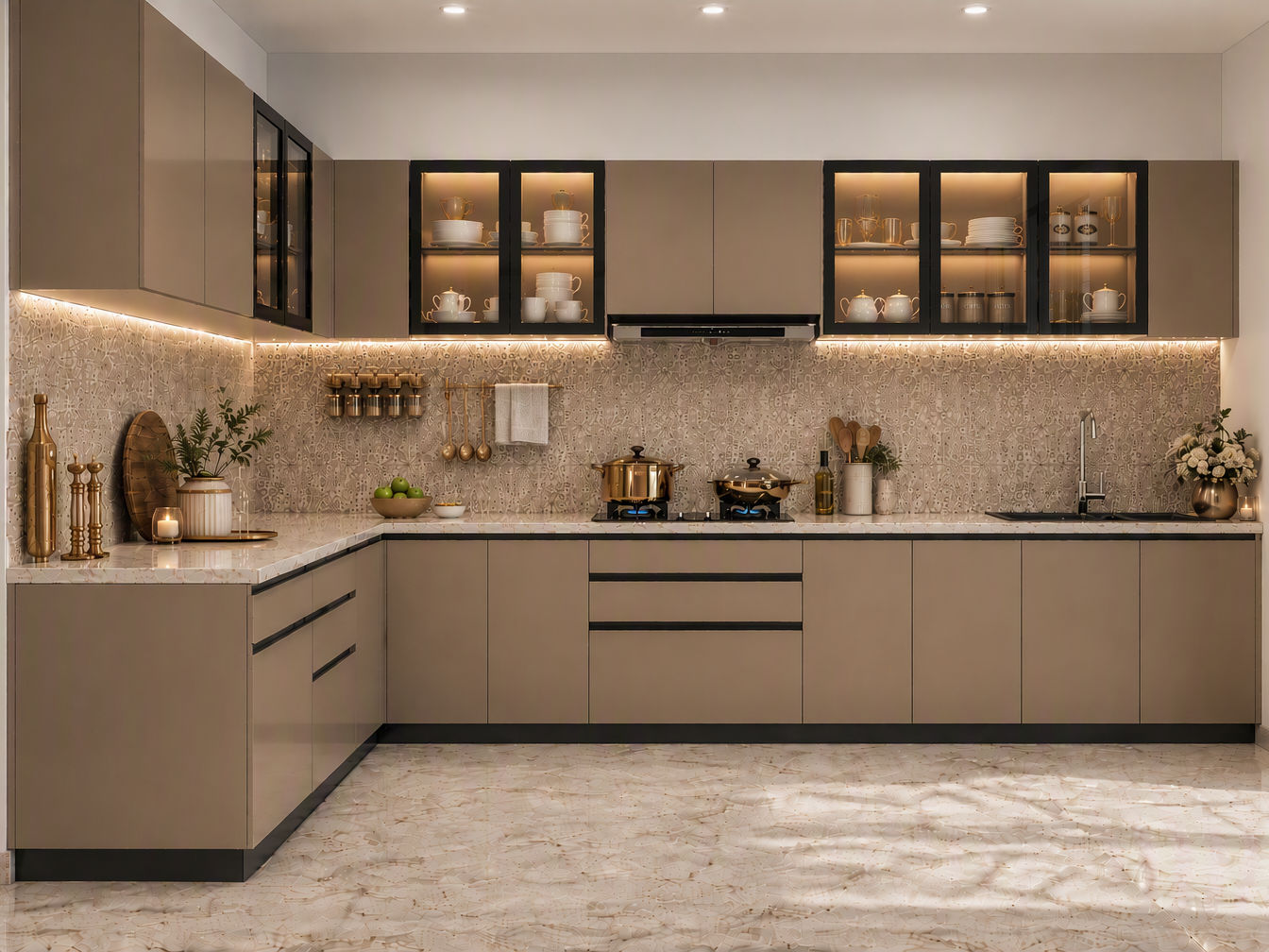 Luxury kitchen with taupe handleless cabinets, illuminated glass-front wall units, white marble-look countertops, and patterned tile backsplash - Beautiful Homes