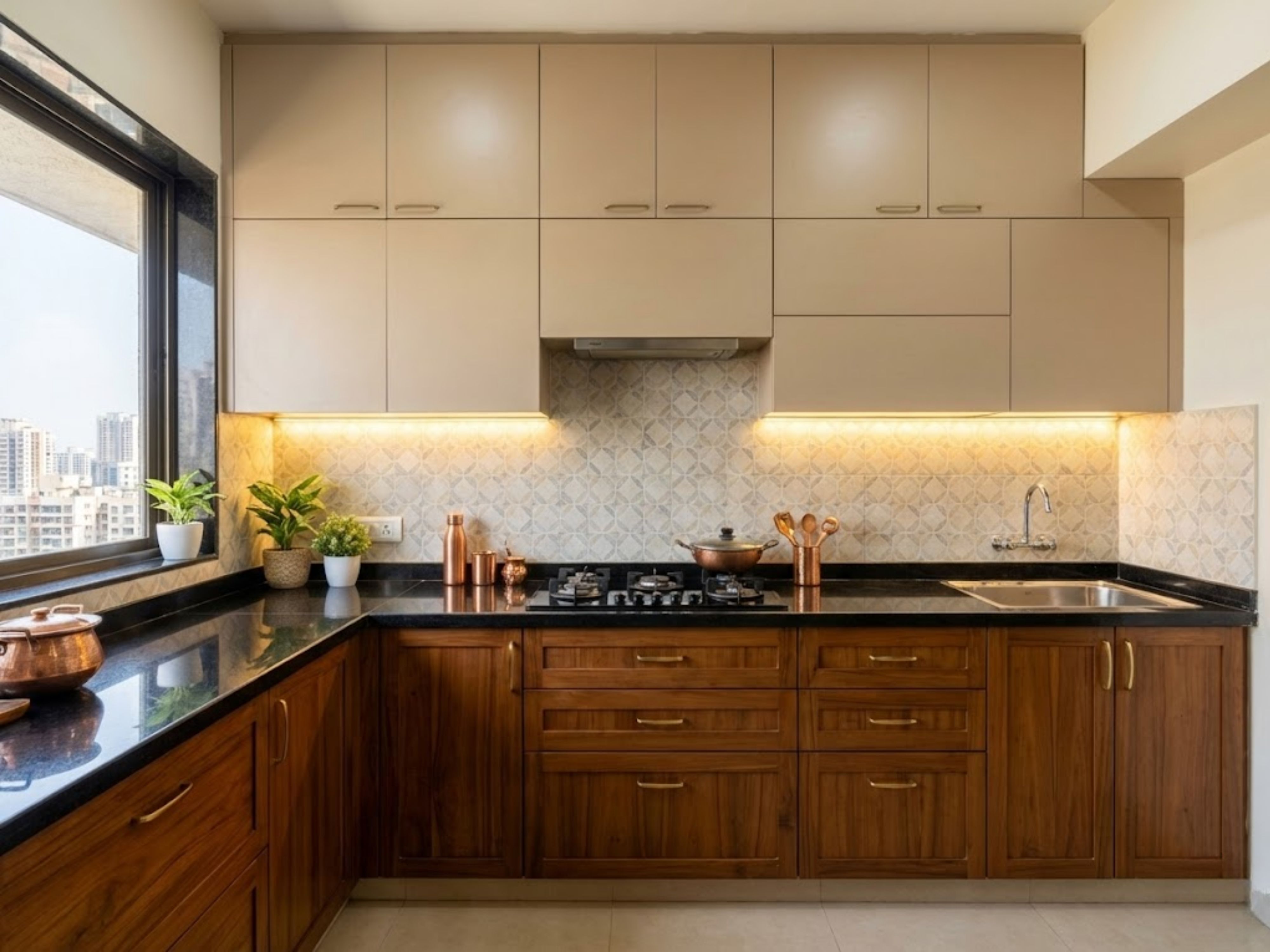 L shaped kitchen with wooden cabinets and black countertops - Beautiful Homes