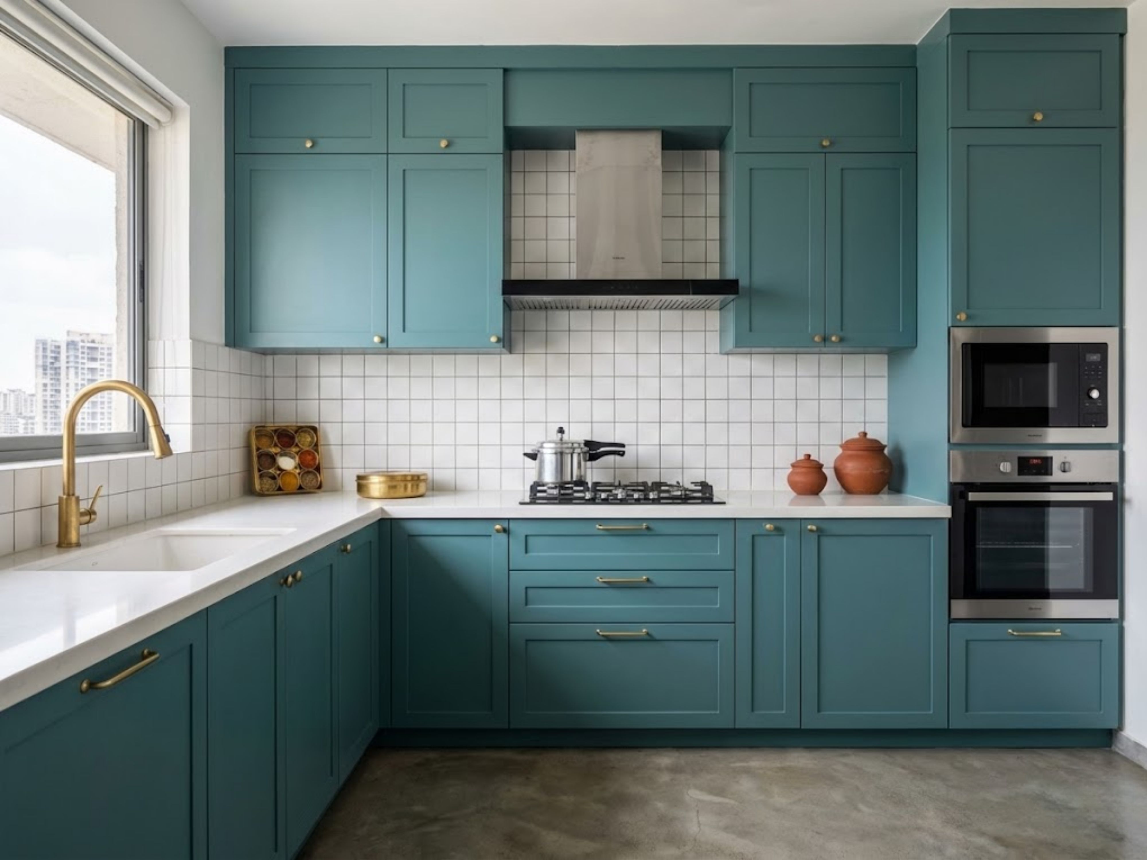 Teal kitchen with white counters and brass faucet - Beautiful Homes