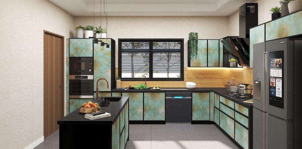 L-shaped kitchen with textured laminate and black granite countertop-Beautiful Homes