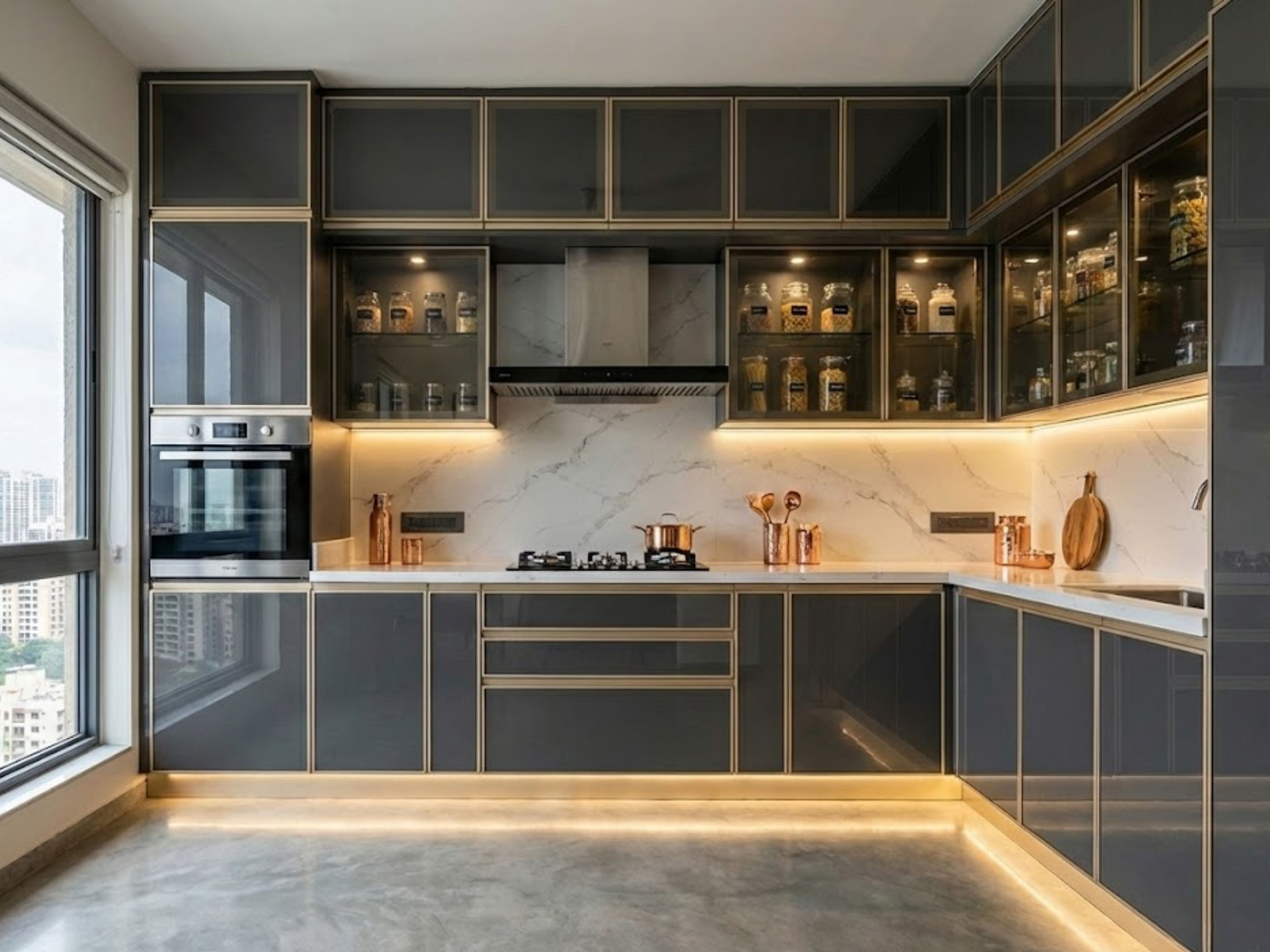 Grey modular kitchen with marble and glass accents - Beautiful Homes