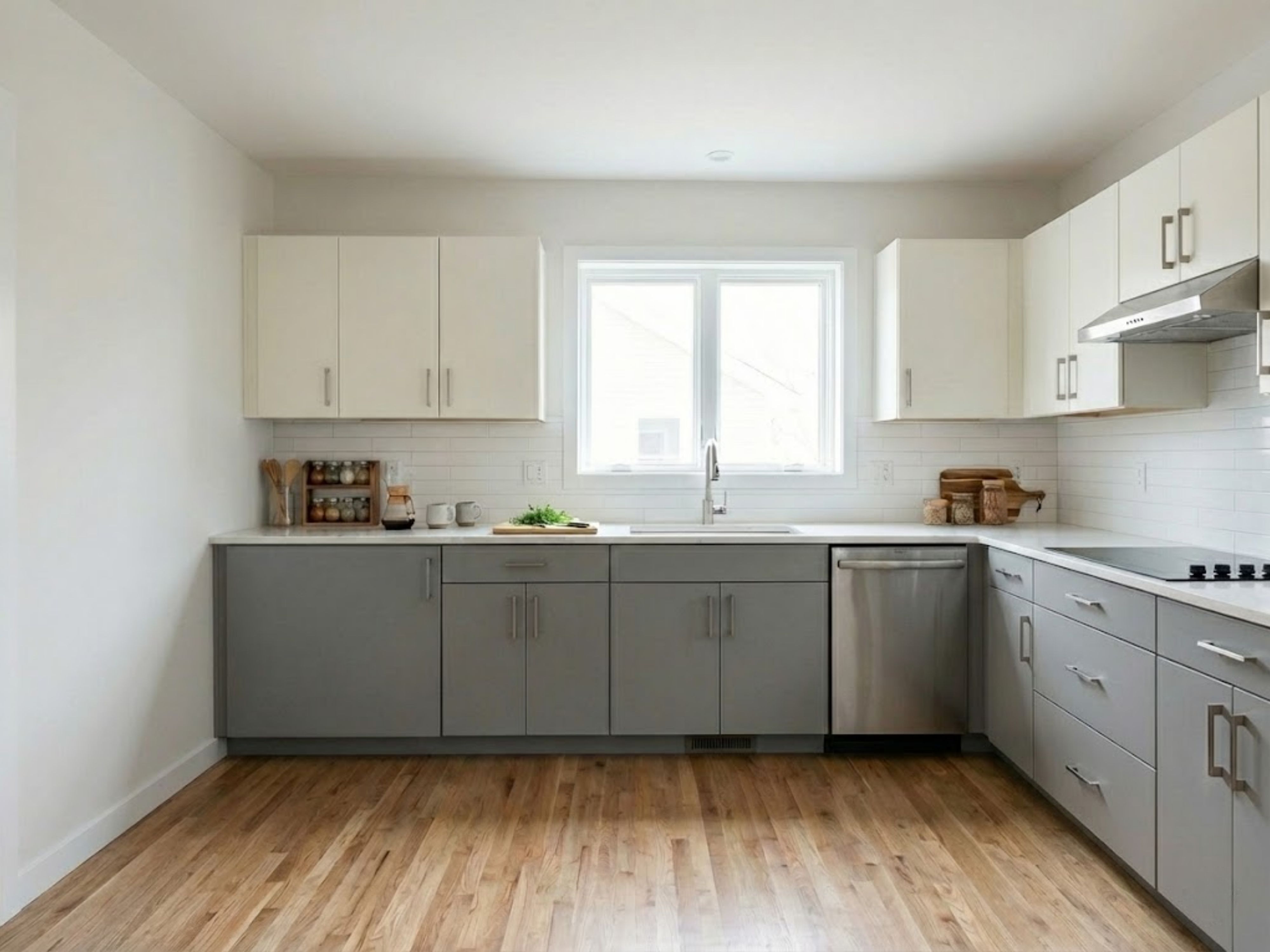 Modern kitchen with grey cabinets and wooden floor - Beautiful Homes