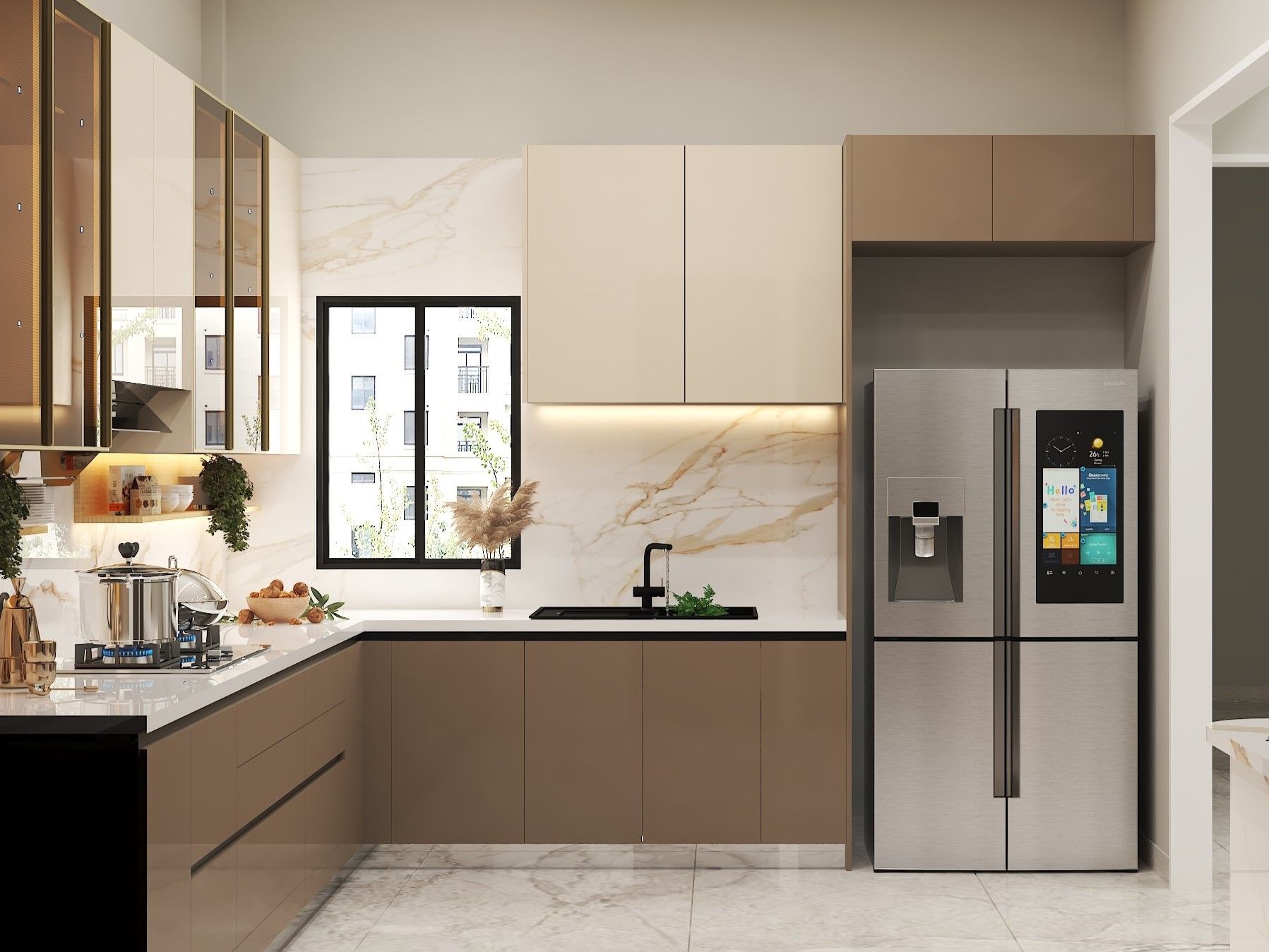 L-shaped kitchen featuring marble backsplash and gold details - Beautiful Homes