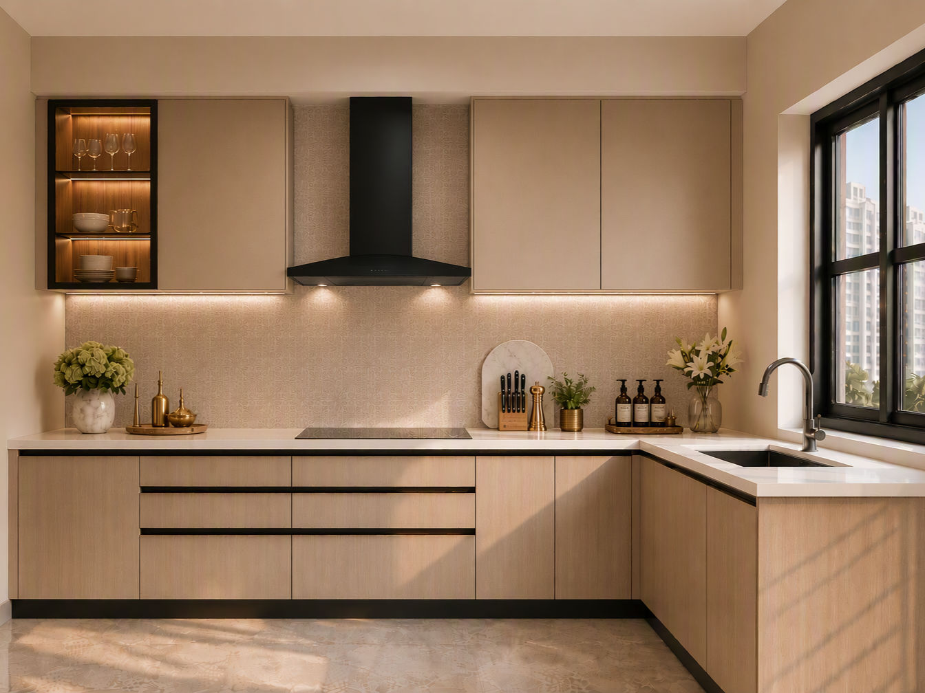 L-shaped kitchen with light wood grain lower cabinets, beige upper cabinets, and white countertop - Beautiful Homes
